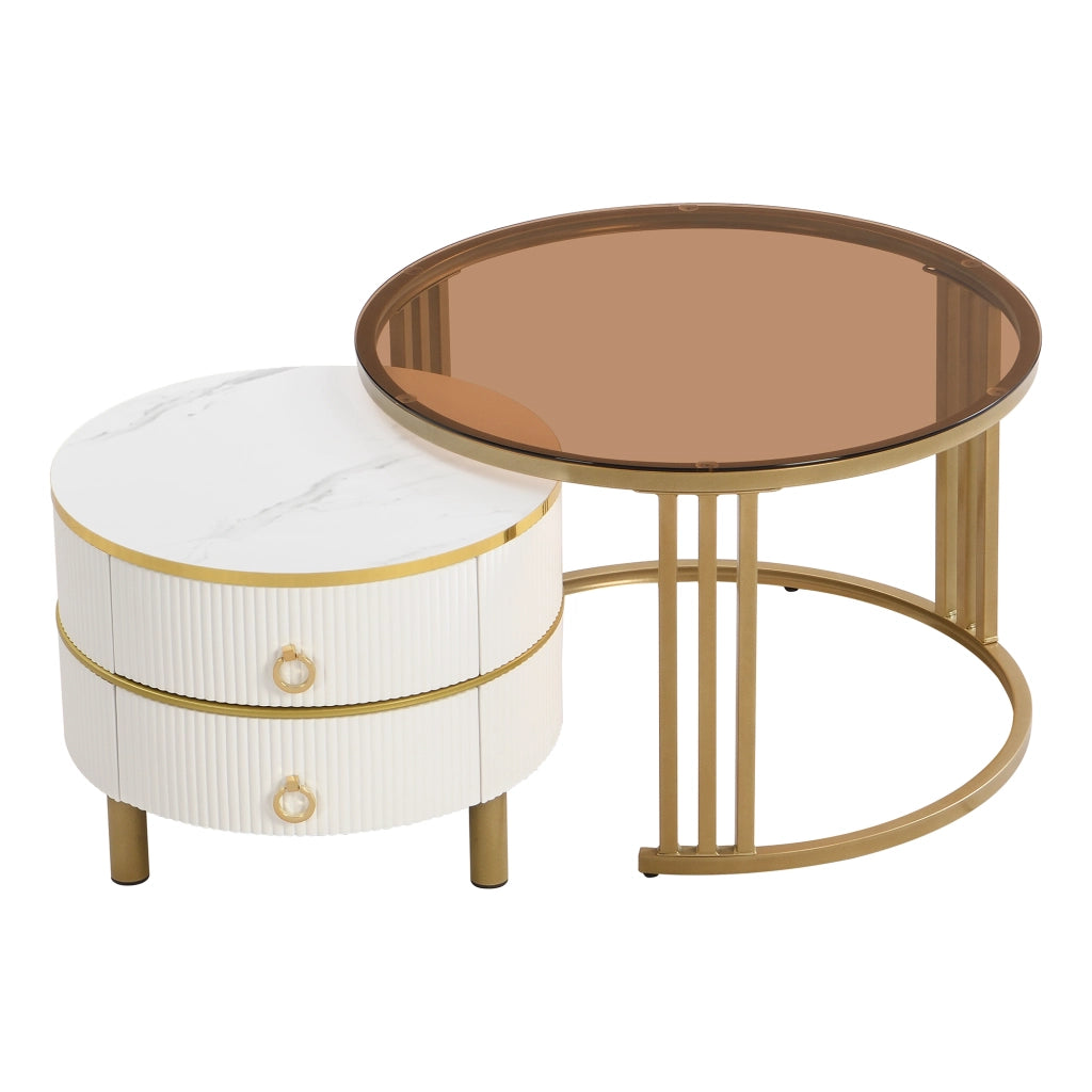 OKWISH Tavolini da Salotto Impilabili Rotondi con 2 Cassetti, Piano in Vetro Temperato e Piano Lucido, MDF, Bianco