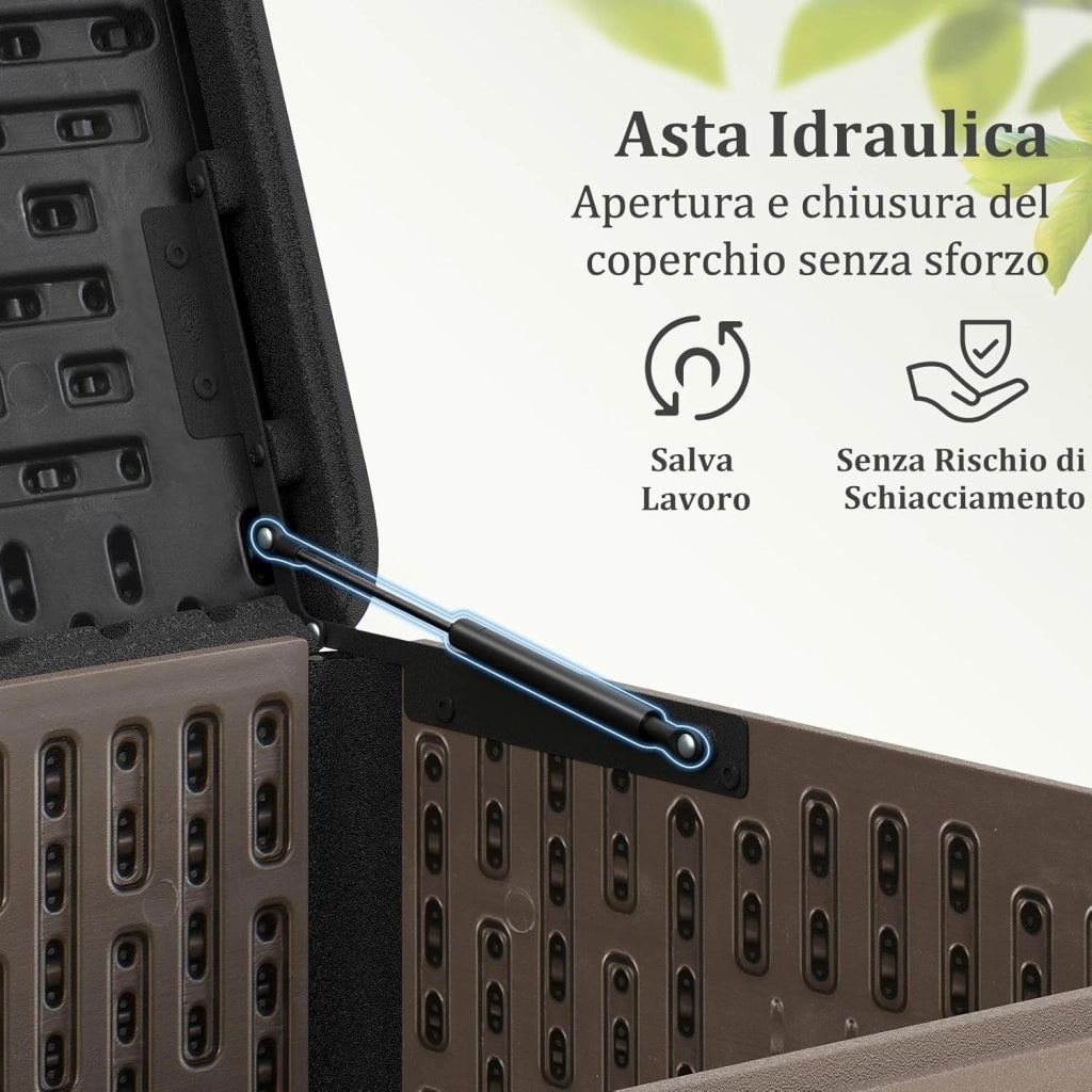 Baule da Esterno 378 L, Cassapanca Contenitore Impermeabile in Resina con Pistoni a Gas, Coperchio Bloccabile, Salvaspazio per Giardino, Cortile e Piscina, 130 x 64 x 59 cm (Marrone+Nero)