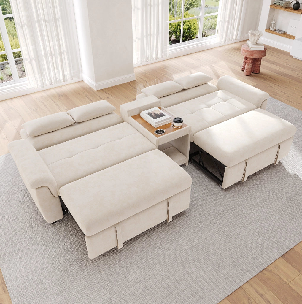 Divano letto multifunzionale beige con modulo centrale e schienale regolabile