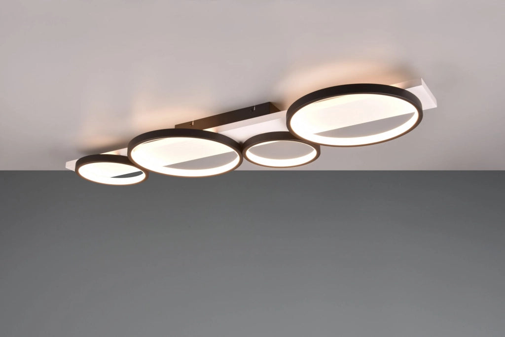 MEDERA PLAFONIERA 4 CERCHI METALLO NERO BASE LEGNO BIANCO CON DIMMERAZIONE AD INTERRUTTORE L. 100CM LED  44W 5100lm, 3000K
