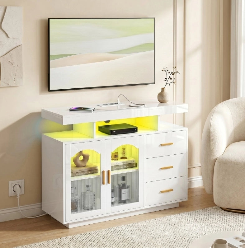 Credenza 100x35x80 cm bianco – LED, prese integrate, 3 cassetti e vani contenitori