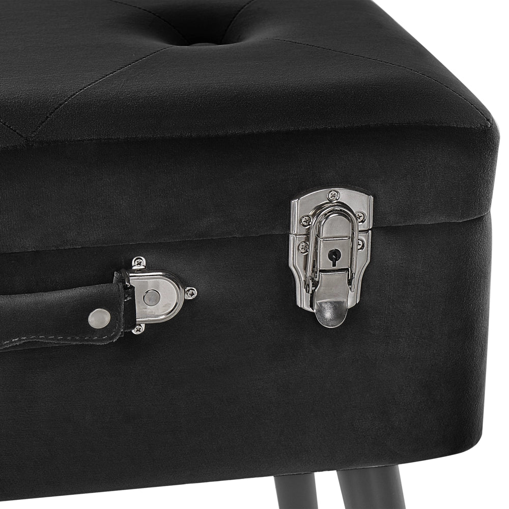 Comodino Sgabello Contenitore gambe nere imbottite in velluto Nero design a valigia con bottoni