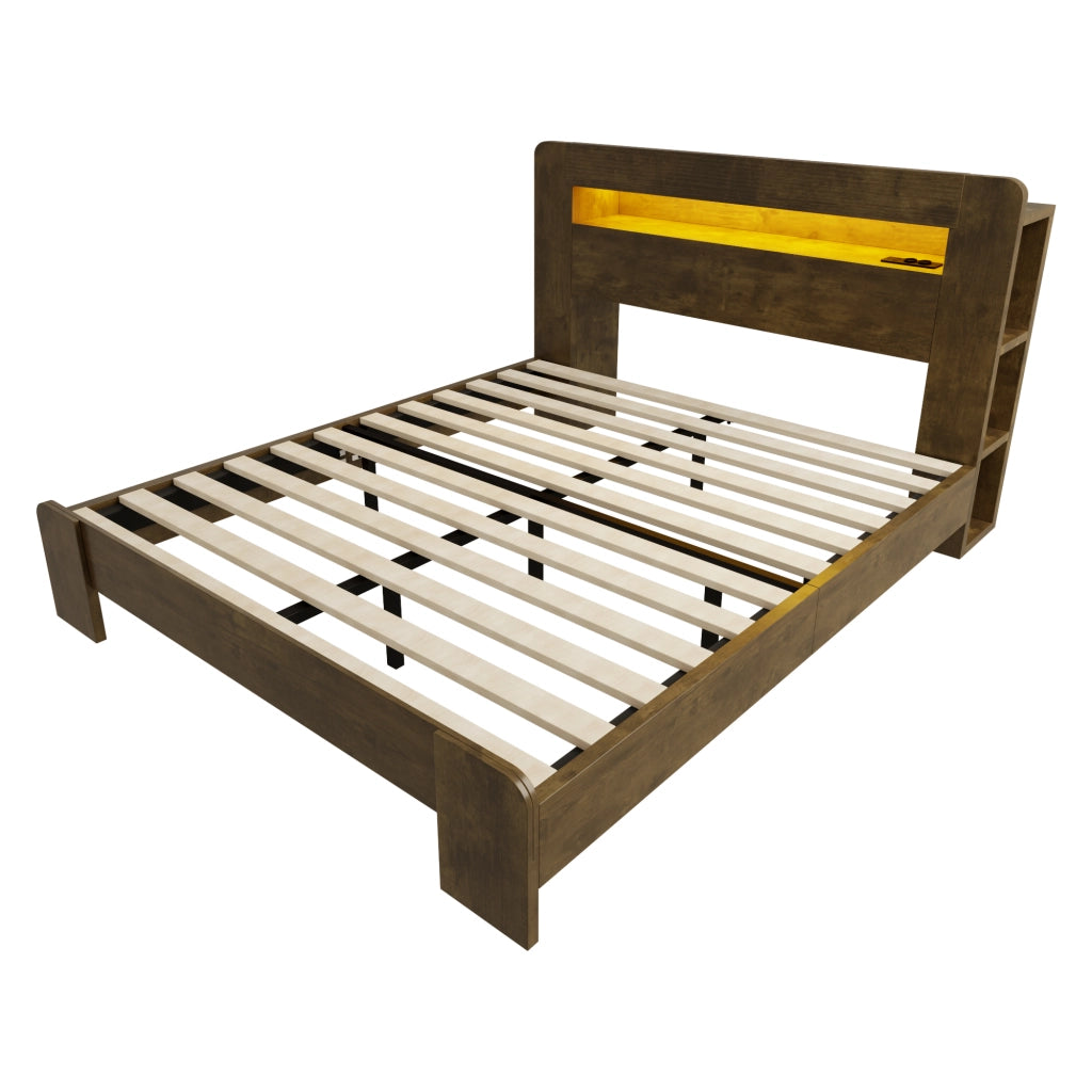 Letto in legno 140 x 200 cm, con ripiani portaoggetti, illuminazione a LED, presa di ricarica, stile retro, marrone