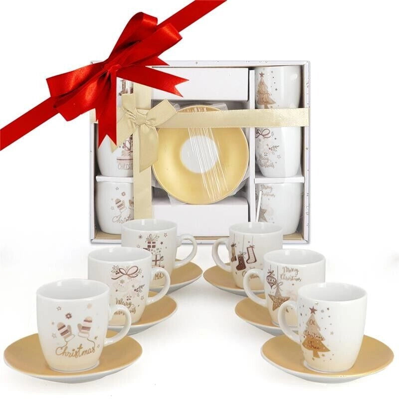 MA MAISON SET 6 TAZZINE CON PIATTINO BIANCHE E ORO CON ALBERO DI NATALE IDEA REGALO