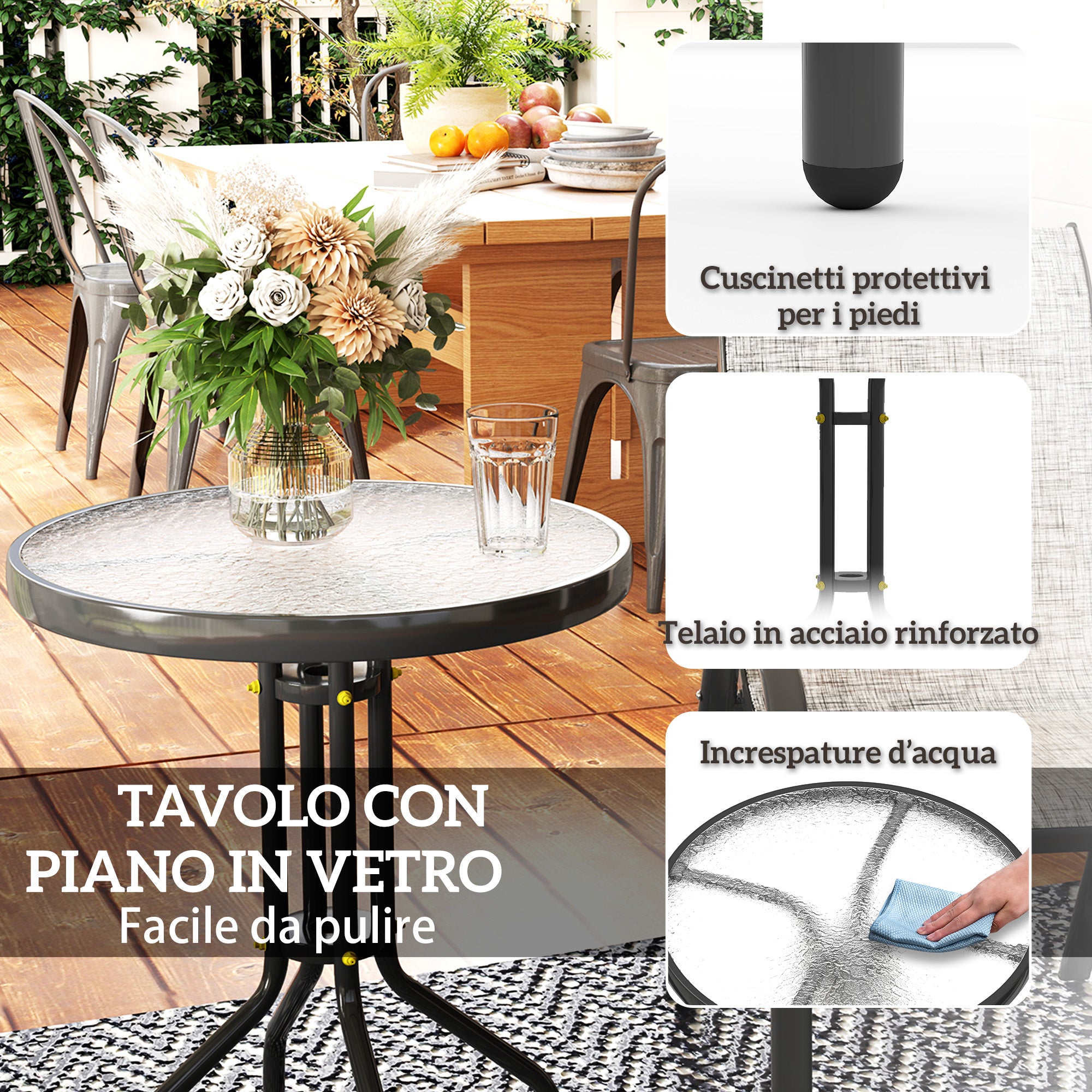 Set 3 Pezzi da Giardino 2 Sedie da Giardino 54x71x93 cm e Tavolino Rotondo Ø60x71 cm in Acciaio Grigio