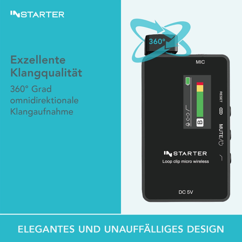 Sistema lavalier wireless Instarter con microfono integrato, 1 trasmettitore e 1 ricevitore, portata 50 m, connessione USB-C e batteria 6 h, ideale per registrazioni con telefono, tablet e PC