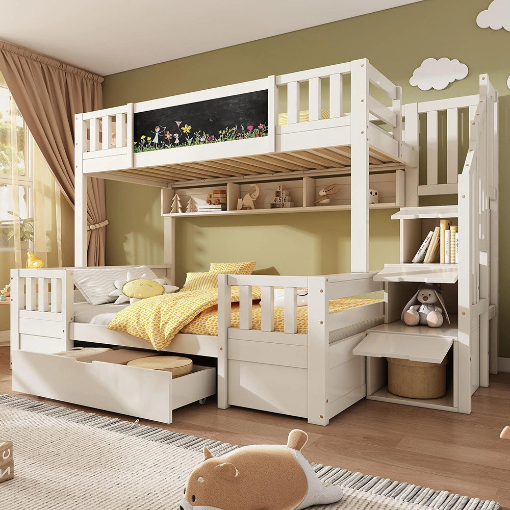 Letto a castello-Xylo-90+140x200cm lavagna scala 2 tiroir legno massiccio bianco
