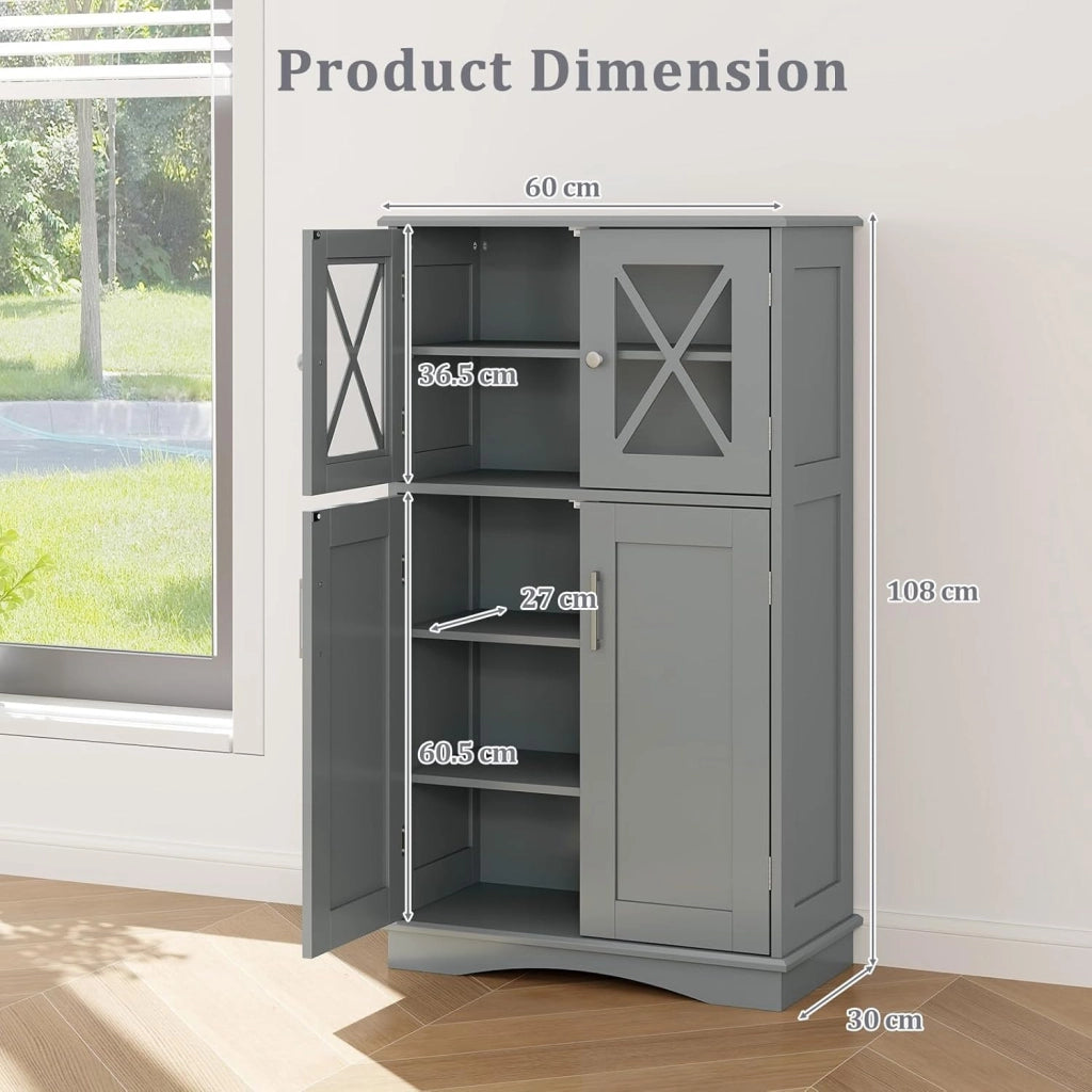 Armadietto da bagno in MDF, armadio indipendente con 4 ante e 3 ripiani regolabili, mobile bagno a pavimento per cucina, ufficio, 60 x 30 x 108 cm (grigio)