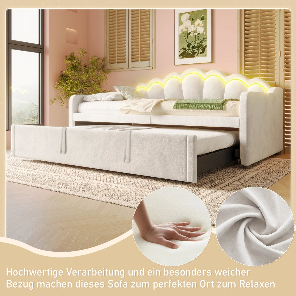Divano letto estraibile in velluto con LED, beige, 90x200 cm