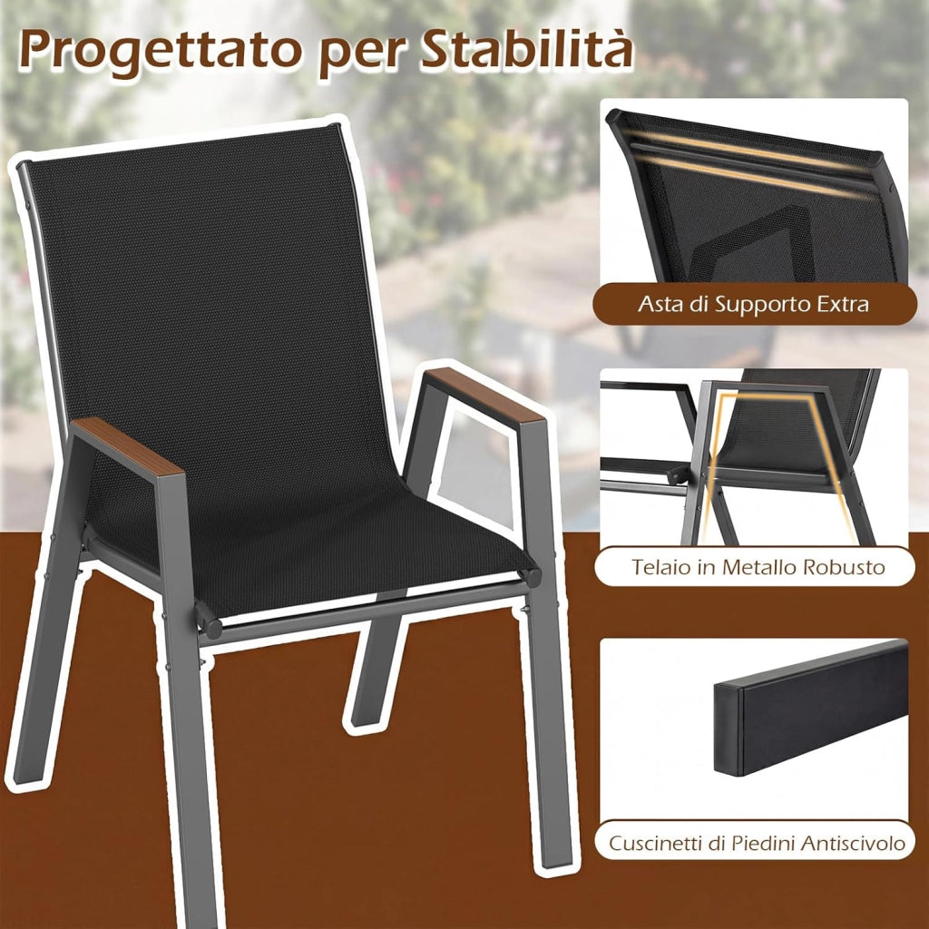 Set di 2/4/8 Sedie da Giardino, Poltrone in Tessuto Textilene per Esterno, Sedie Impilabili con Gambe in Metallo, Portata 180 kg, 56 x 66 x 88 cm (Nero,8)
