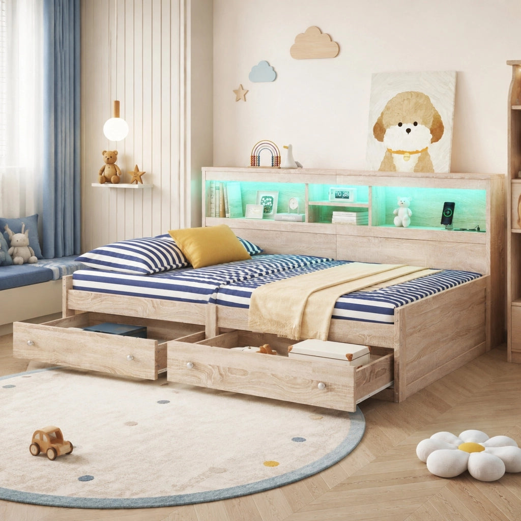 Letto a daybed 90x200 cm con LED, USB e cassetti