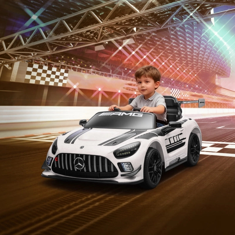 Macchina elettrica Mercedes per bambini, batteria da 12V, luci a LED, funzione musicale, clacson, et¨¤ 3-8 anni, bianca