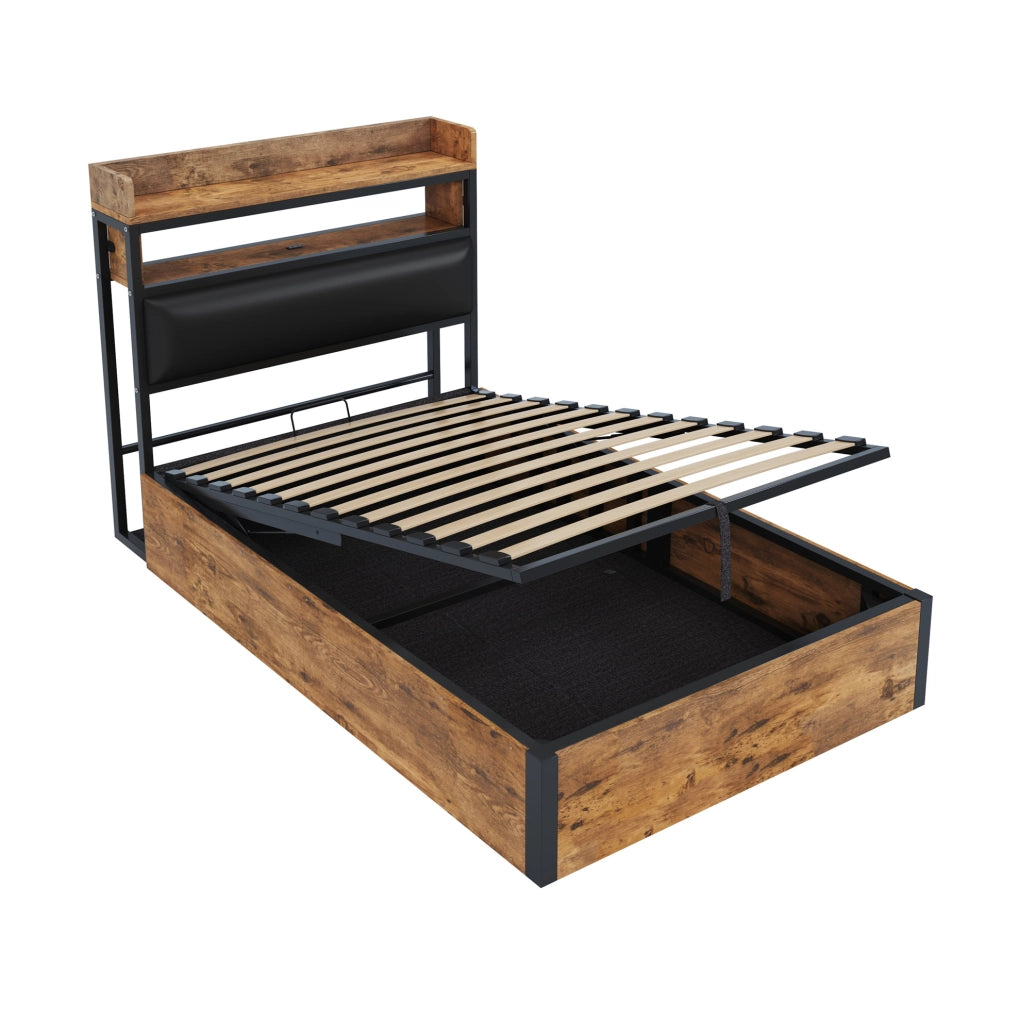 Letto contenitore 90x200 cm con sollevamento idraulico; USB e testiera imbottita in metallo; legno e tessuto