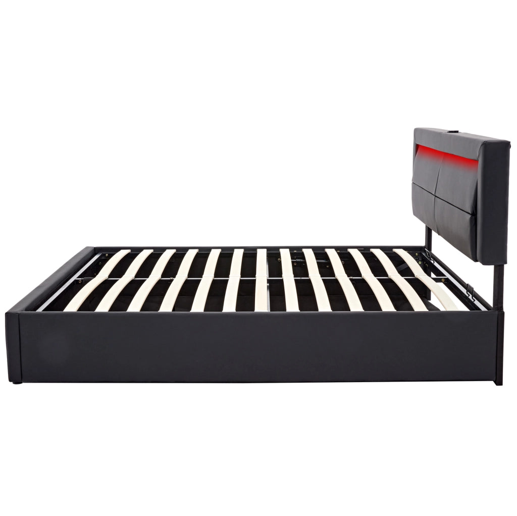 Letto imbottito 140x190 cm con USB; LED e contenitore; in PU nero