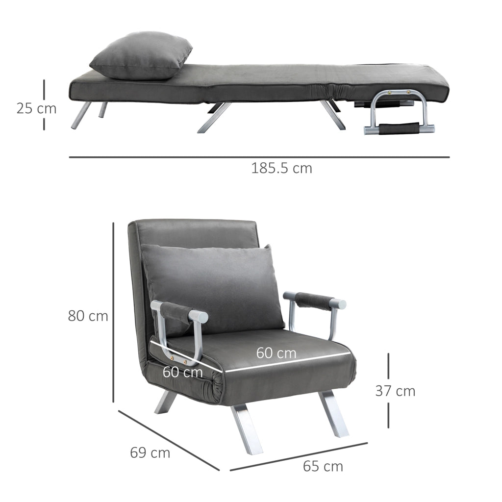 EasyComfort Poltrona Letto Singolo 3 in 1 con Schienale Reclinabile su 5 Livelli e Cuscino, Divano Letto Singolo Pieghevole per Soggiorno e Salotto in Pelle Scamosciata e Metallo, 65x69x80 cm, Grigio