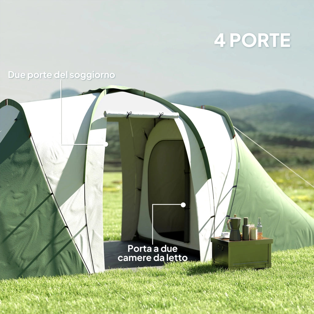 Tenda da Campeggio-Tenda per Escursionismo  4-6 Persone con 2 Camere, in Poliestere e Fibra di Vetro, 555x225x190 cm, Grigio e Verde