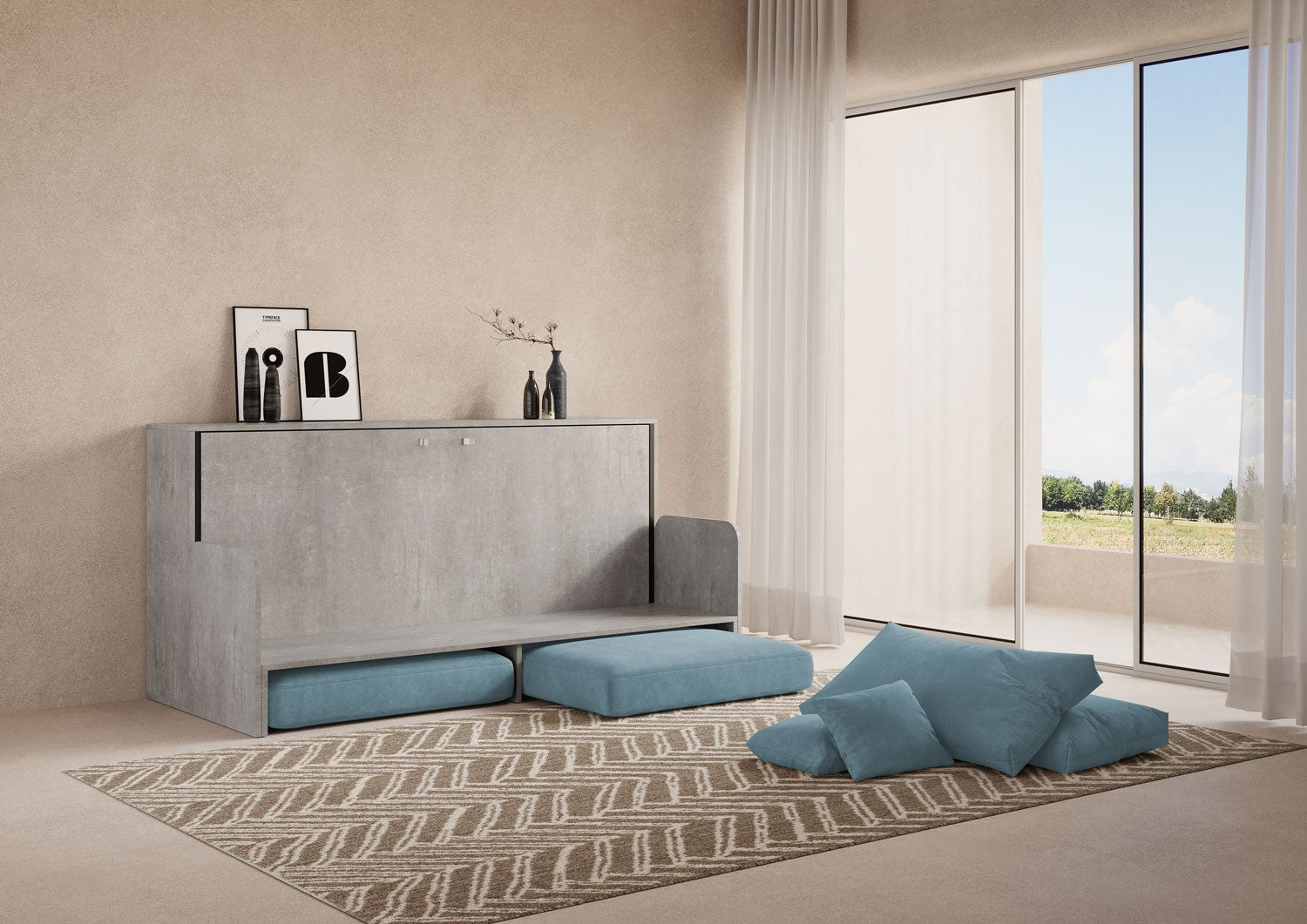 Letto Singolo A Scomparsa Kando Con Divano Cemento e Azzurro