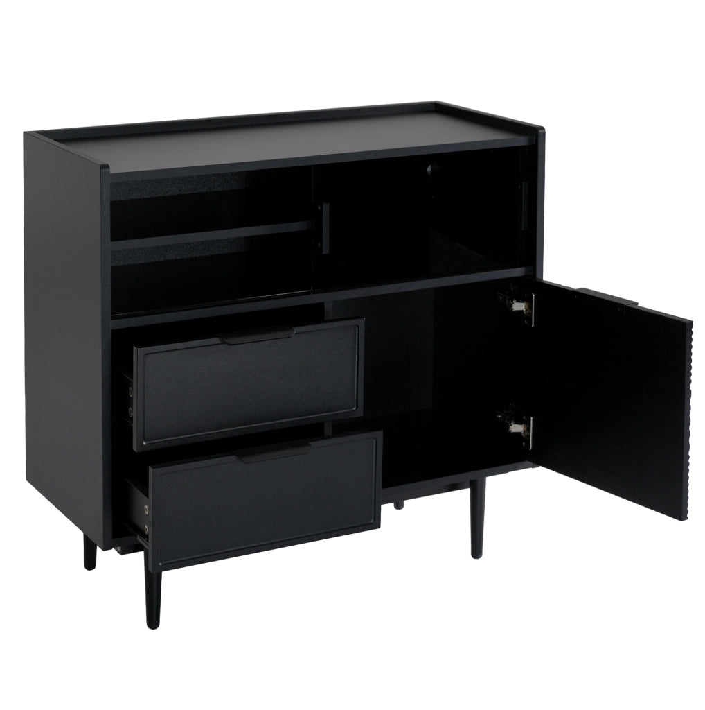 Mobile contenitore in MDF nero con ante scorrevoli in vetro e barra LED regolabile