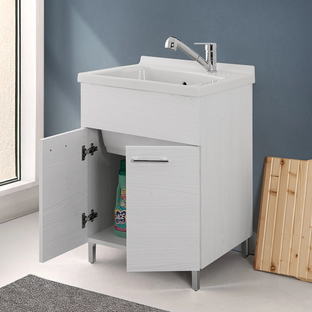 Mobile lavatoio 60x50 rovere bianco Moon con vasca in ceramica Dolomite