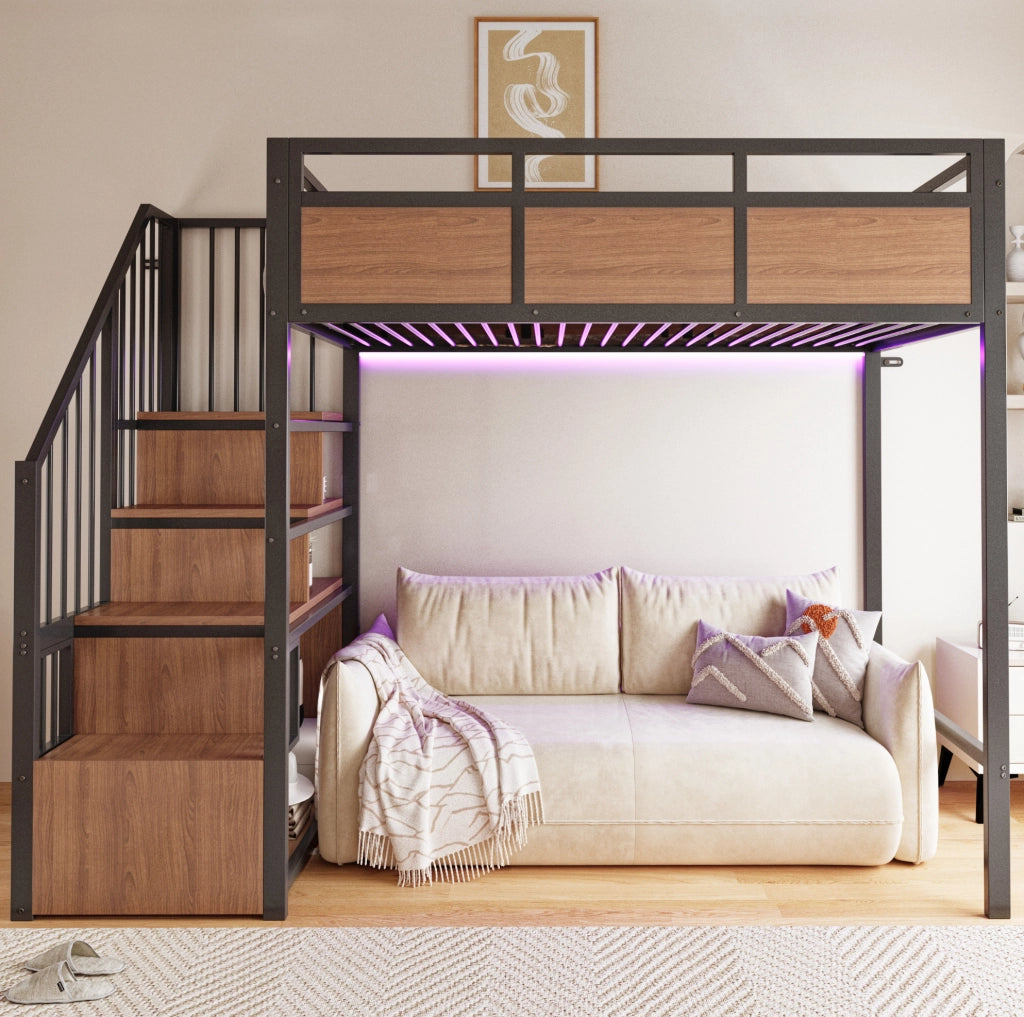Letto a soppalco in metallo 90x200 cm con LED; scala contenitore e protezioni alte; nero