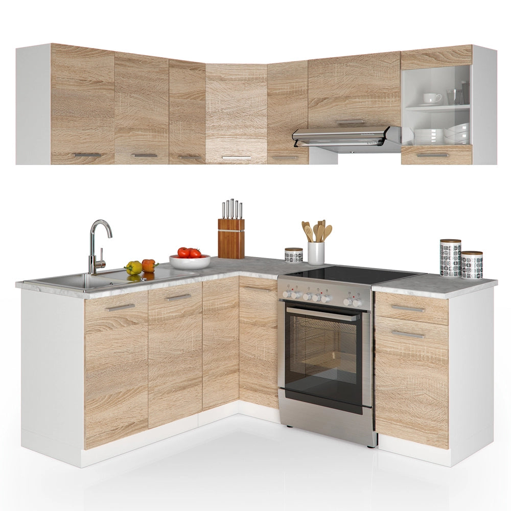 Vicco Cucina ad angolo Bianco/Sonoma 187 x 167 cm , PL Marmo con striscia LED
