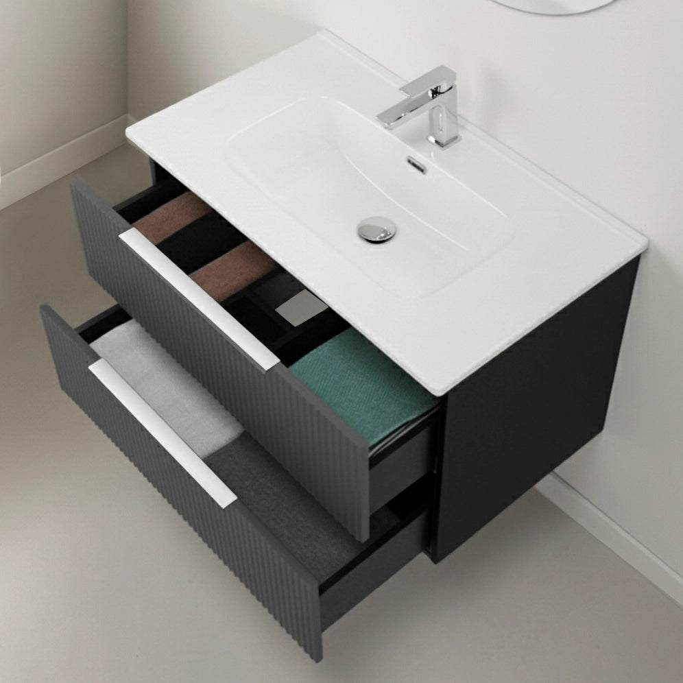 Mobile bagno sospeso 100 cm bicolore grigio cannettato e nero con lavabo e specchio Zena