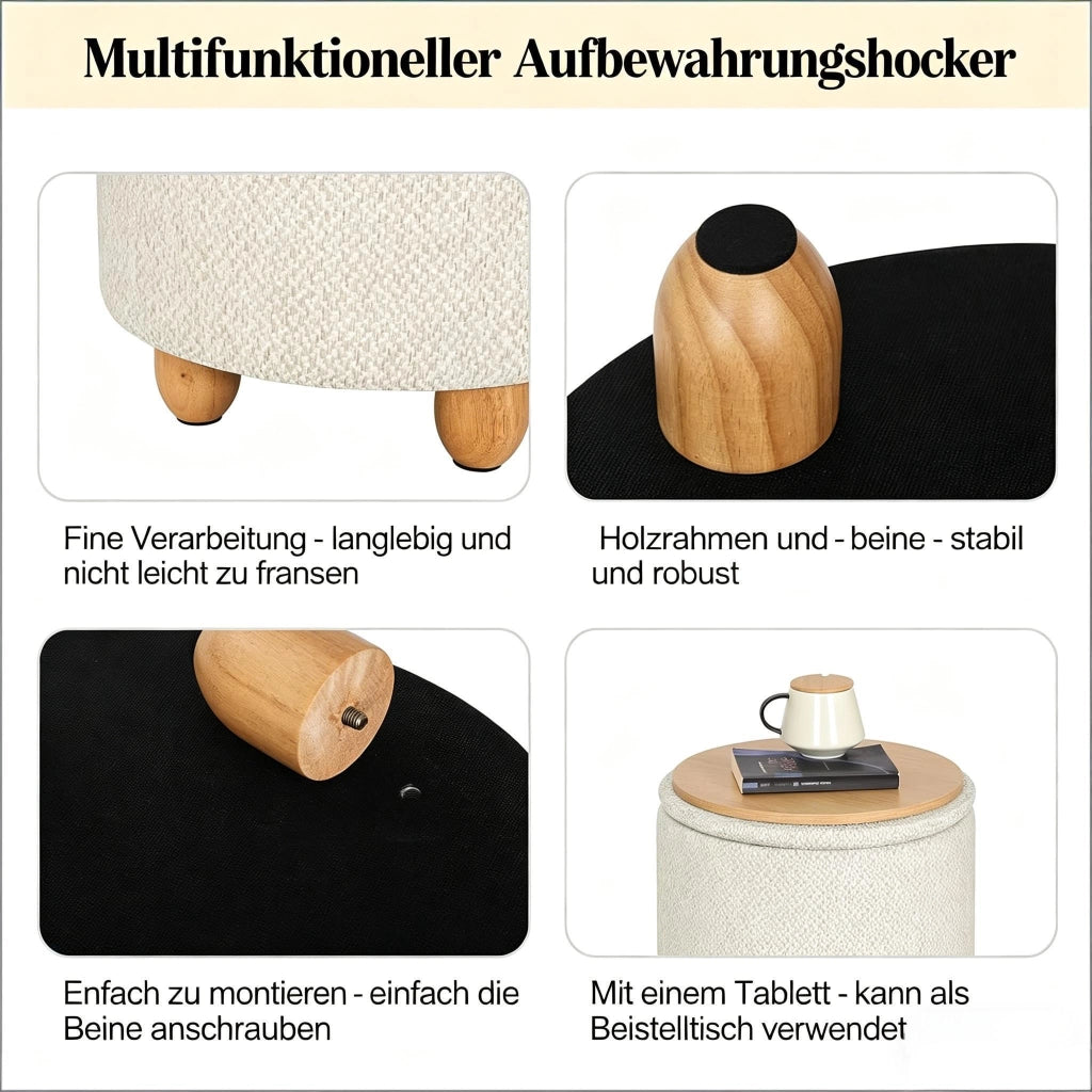 Pouf contenitore rotondo in lino con seduta imbottita e vassoio in legno per soggiorno, bianco crema