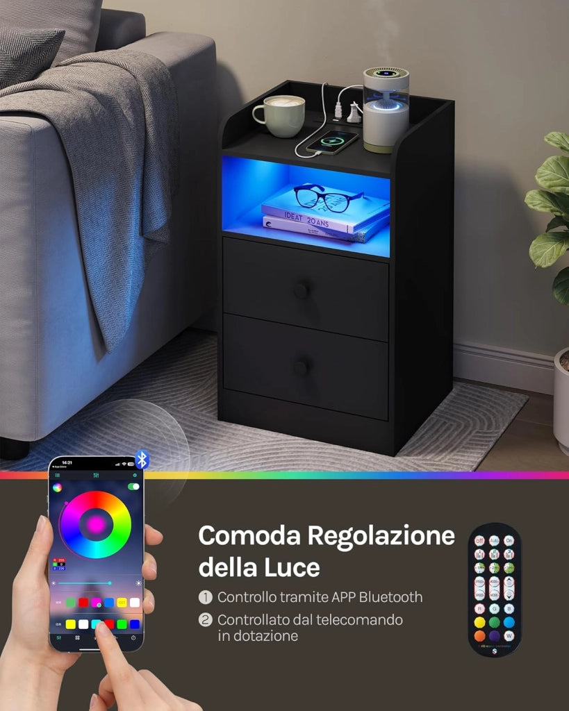 Comodino per Camera da Letto, Comodino Nero con Prese, Porte USB e Luci a LED, Tavolino con 1 Piano, 1 Scomparto e 2 Cassetti, Tavolino da Divano in Legno, NTS07sz