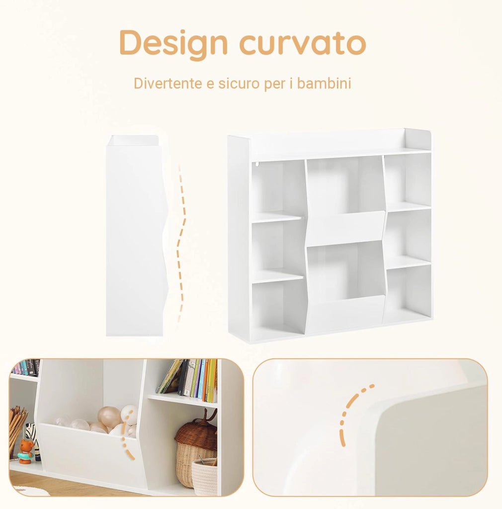 Libreria Montessoriana per Bambini - Scaffale Portagiochi con 8 Scomparti Aperti - Libreria da Terra per Cameretta 106x30x104 cm Bianco KMB55-W