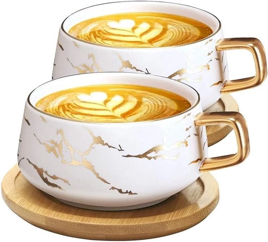 Cappuccinokopjes con tazze, marmo, 300 ml, cappuccinokoppe in porcellana per tè, caffè, cappuccino, tazze per caffè con disco di legno (bianco x 2), 2 pezzi