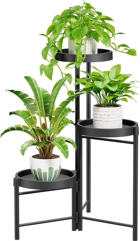 Stand per piante in metallo con 3 livelli, supporto per fiori, vassoio per fiori, multi livelli con piedini per angolo di soggiorno, sala da pranzo, balcone, terrazza, cortile interno, nero