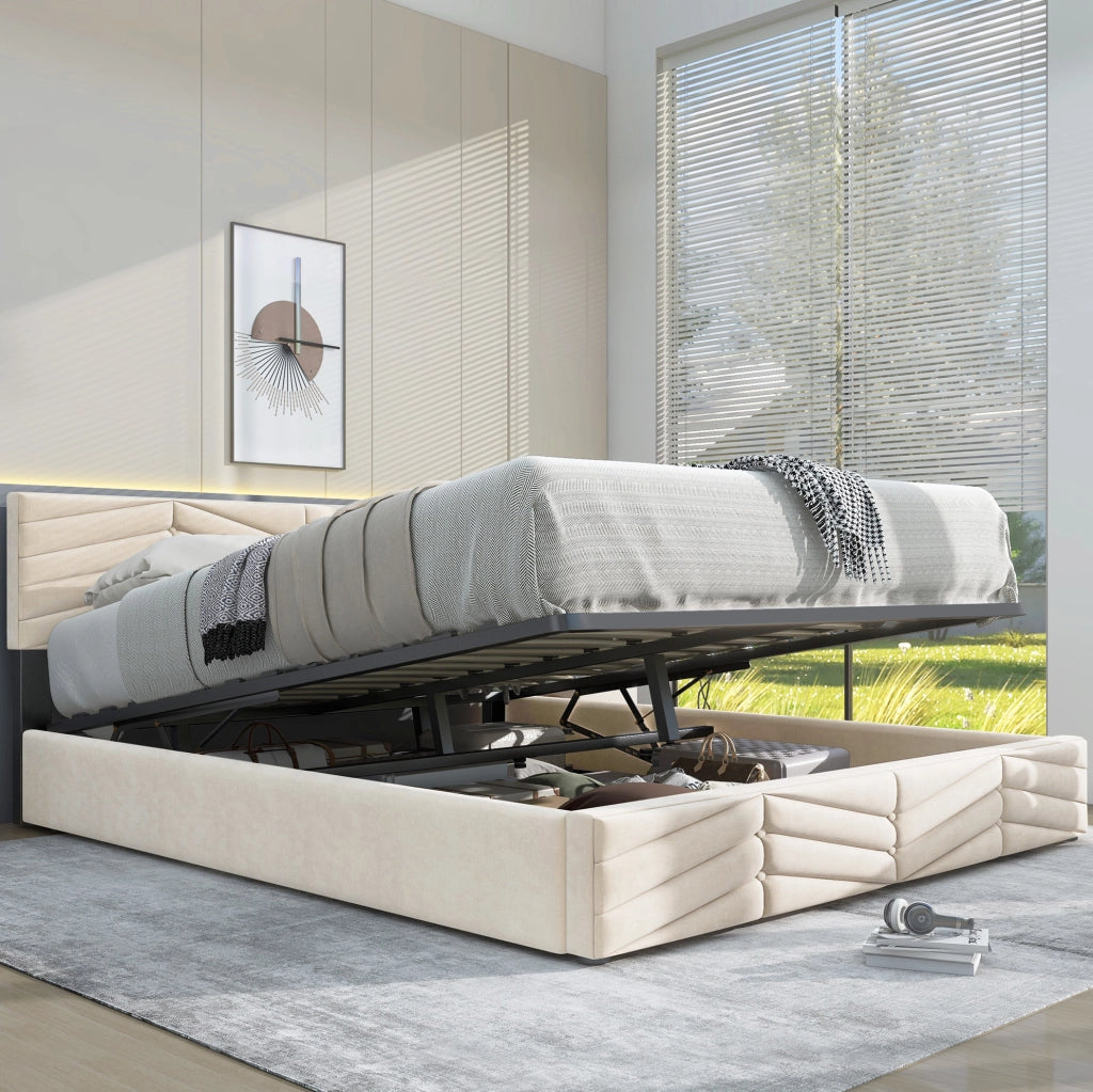 Letto imbottito beige 140 x 190 cm con rete a doghe e testiera regolabile