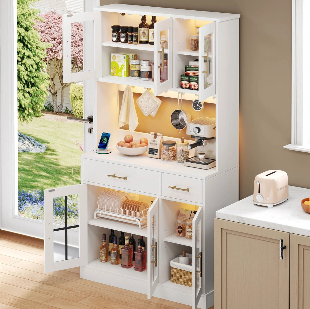 Credenza da cucina con illuminazione LED APP; 6 ante e 2 cassetti; 180 cm; bianco in MDF