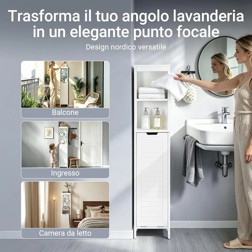 Mobile Bagno Salvaspazio con Portabiancheria Colonna Bagno 145cm con Ripiani Aperti e Cesto Estraibile Armadio Alto Bianco BZR123-W