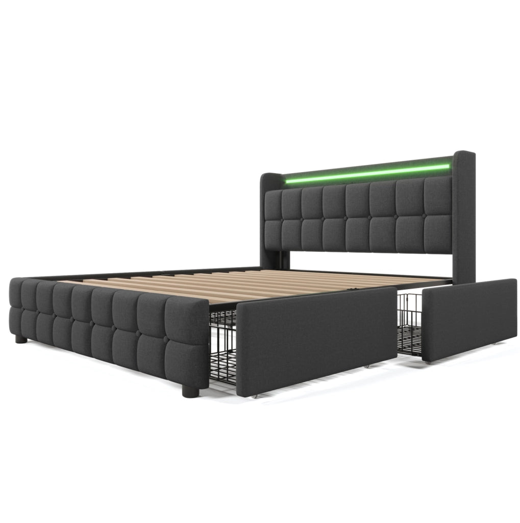 Letto matrimoniale contenitore 180x200 cm con USB; LED e 4 cassetti; grigio
