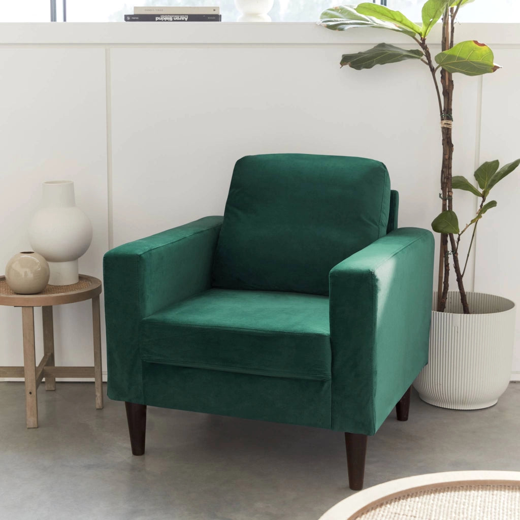Poltrona scandinava in legno e velluto, verde inglese