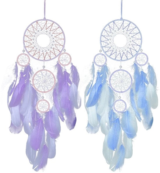 Dromenvanger a due facce grande con piume, decorazione bohemiana per parete