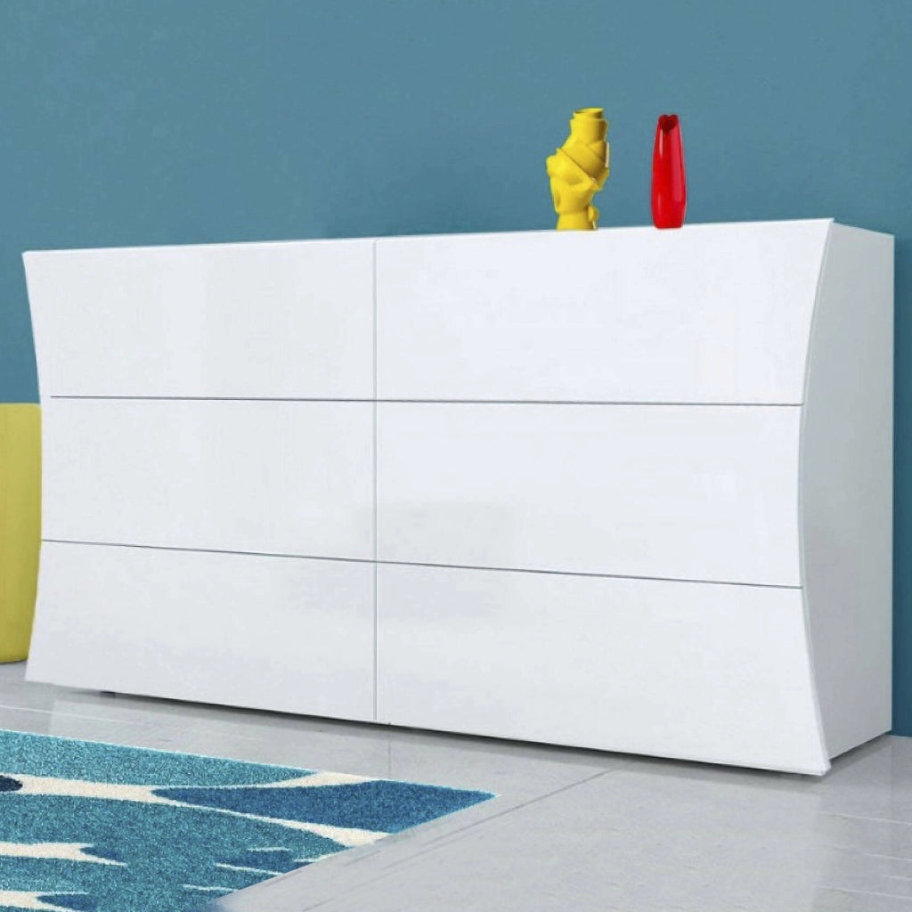 ComÒ² geometrico Albelaziz, Made in Italy, Mobiletto per Soggiorno e Camera, Credenza 6 cassetti, cm 155x40h82, colore Bianco lucido