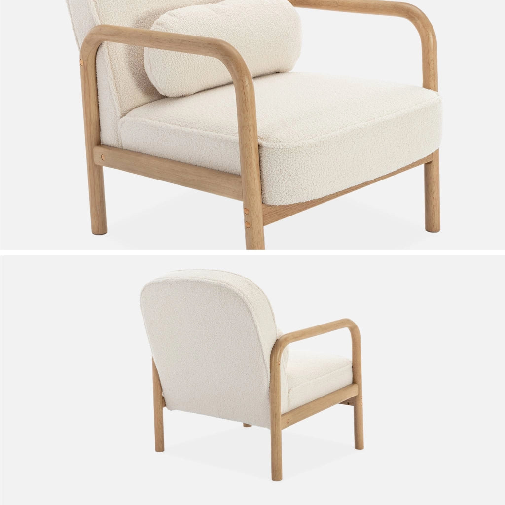 Poltrona scandinava curva in legno di hevea, crema