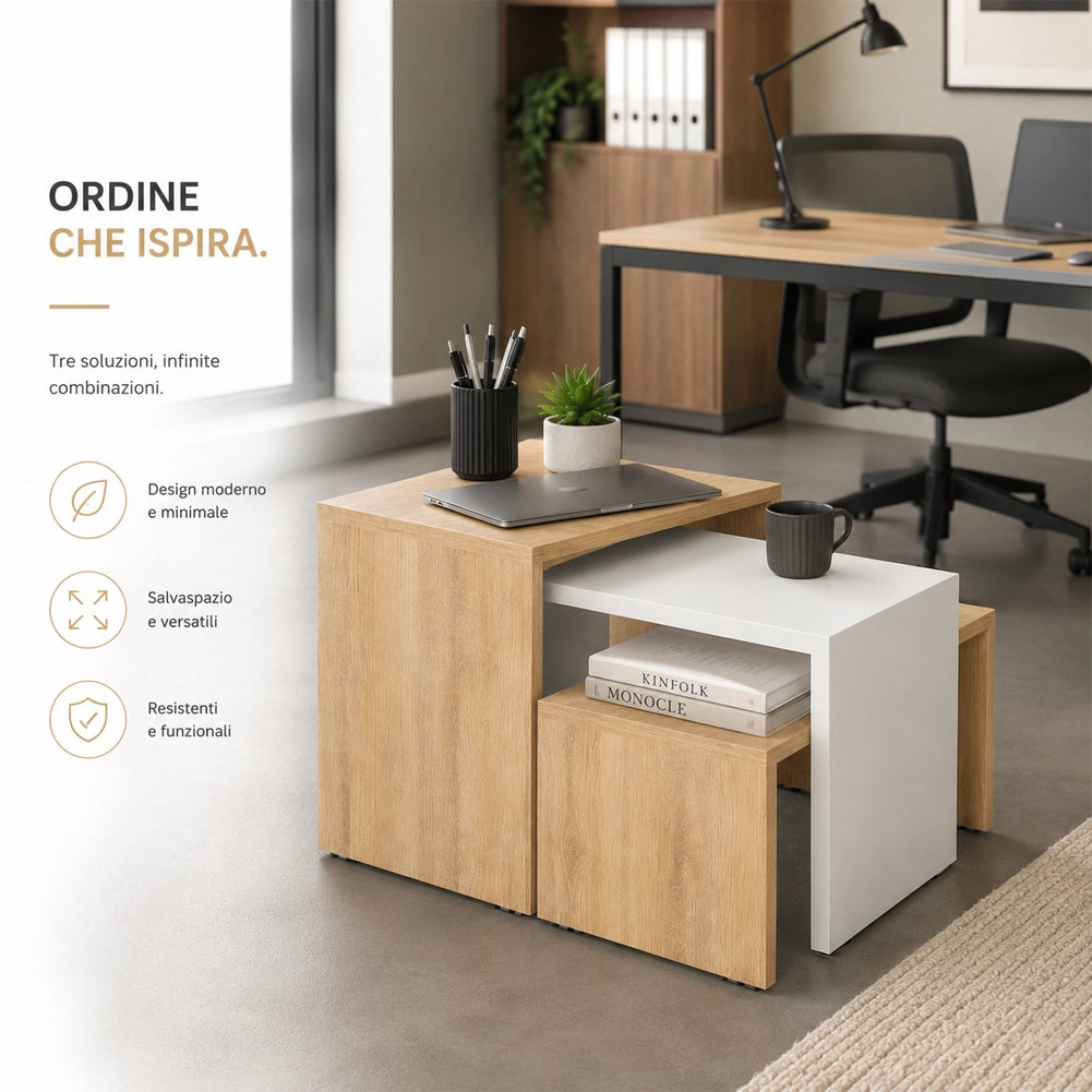Tavolino Caffe Divano Salotto Rettangolare 3Pz Design Moderno Legno Quercia