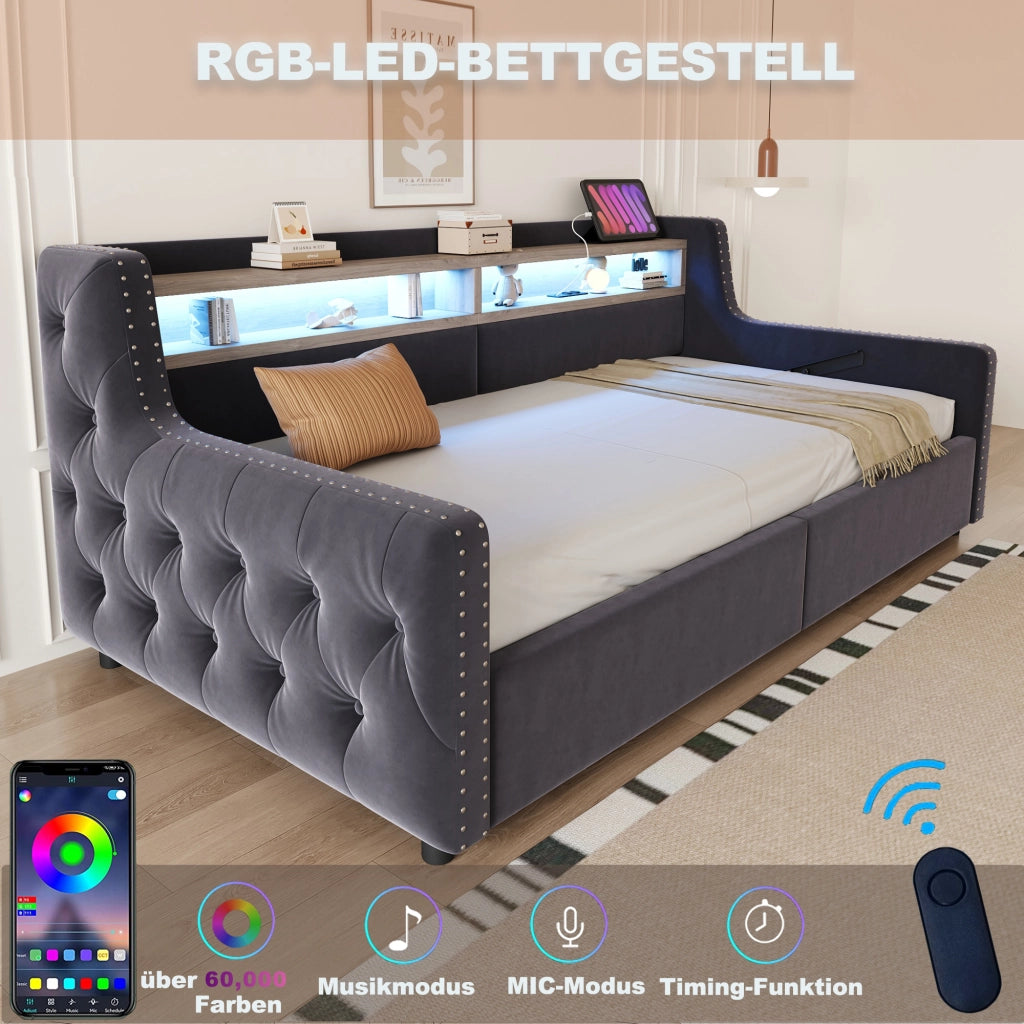 OKWISH Letto Divano 90×200 cm, Letto Singolo con Contenitore, LED Regolabile, USB, Tipo C e Presa, senza Materasso, in Velluto, Grigio
