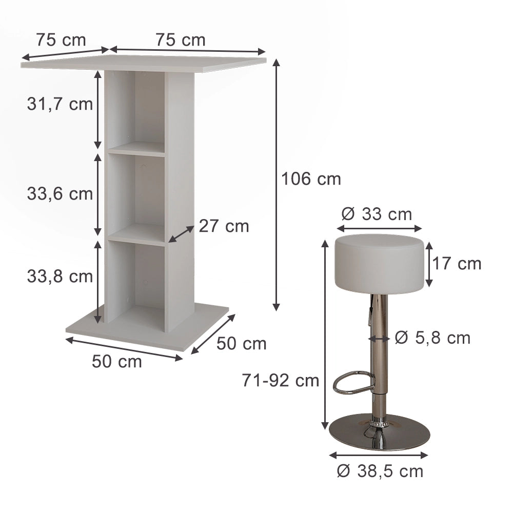 Vicco tavolo bar con sgabelli Bianco 75 x 75 cm con 2 sgabelli da bar
