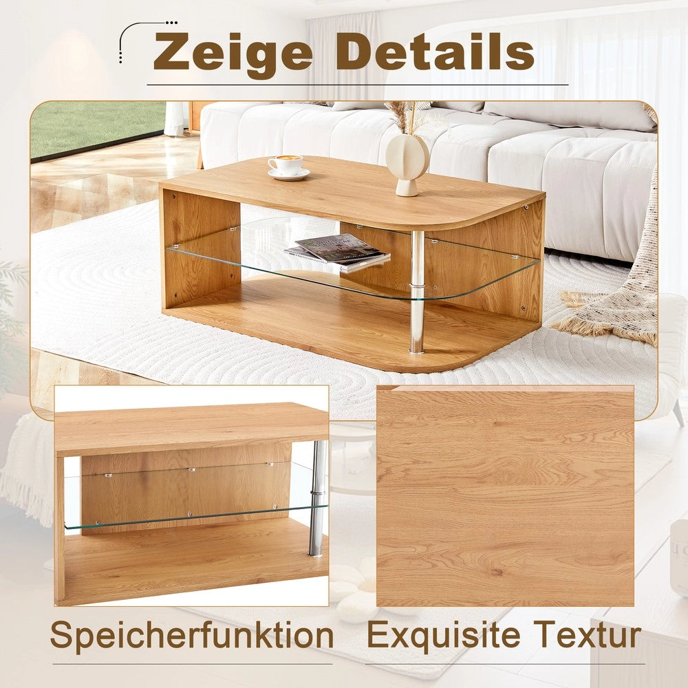 Tavolino da Caff¨¨ con Ripiano in Vetro e Legno ¨C MINIMAL ¨C Moderno, Soggiorno, 100x60x42 cm
