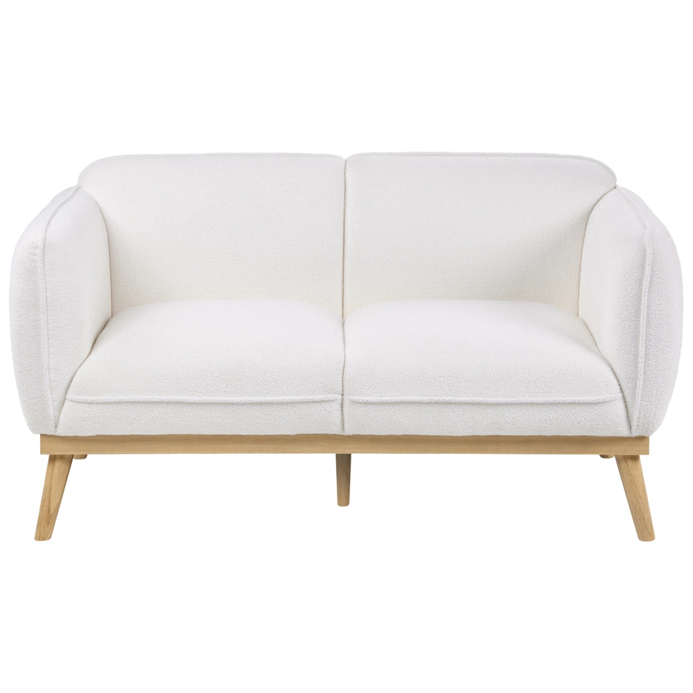Set da salotto in stile scandinavo con divani a 2 e 3 posti, gambe affusolate in legno e rivestimento in bouclé bianco