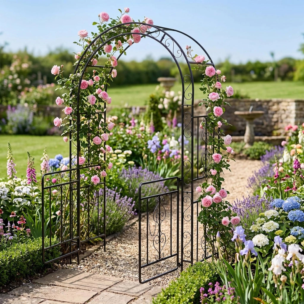 Arco da Giardino con Cancello, Pergolato per Piante Rampicanti | Pergola Decorativa in Metallo con Piedini a Punta e Chiusura, per Rose, Viti e Fiori da Matrimoni e Feste, 135x60x213 cm