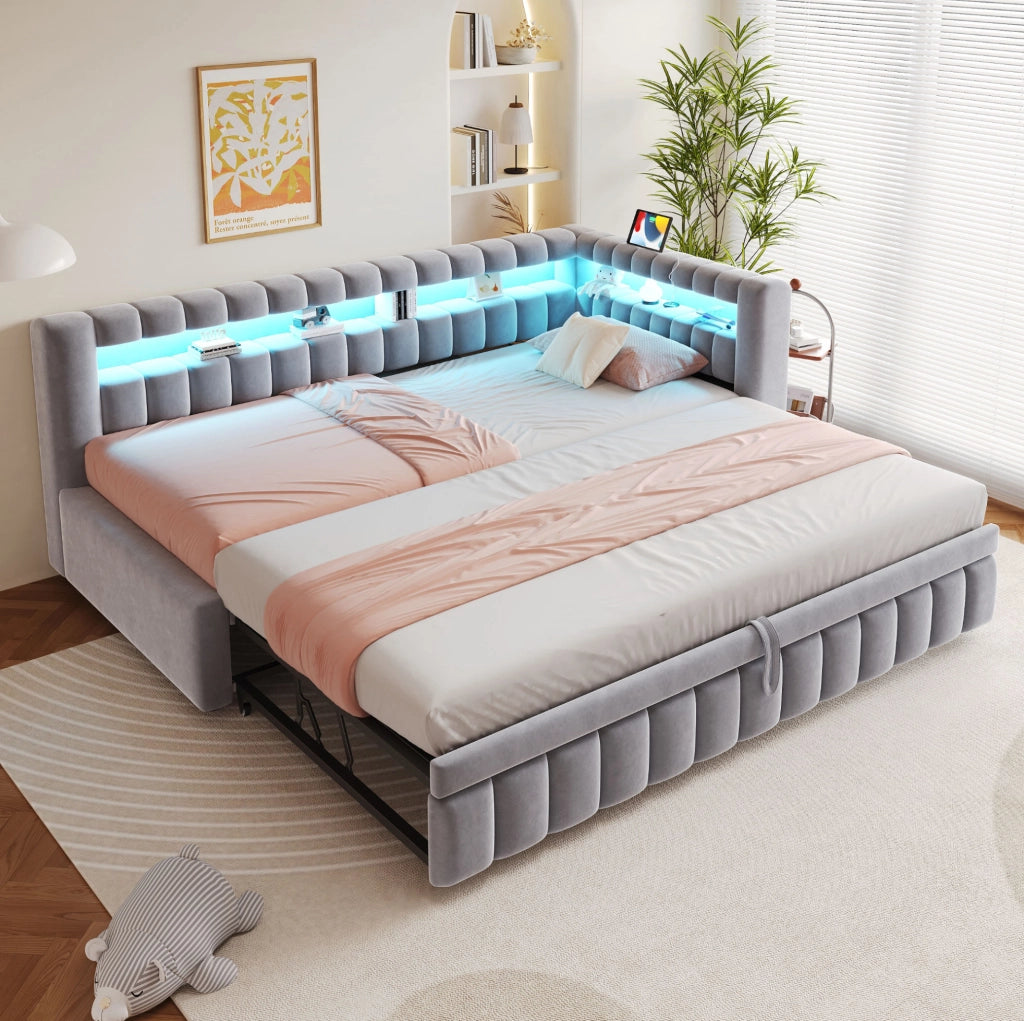 Sof脿 letto estraibile imbottito 90x200 cm in velluto grigio chiaro con LED; USB e Type-C