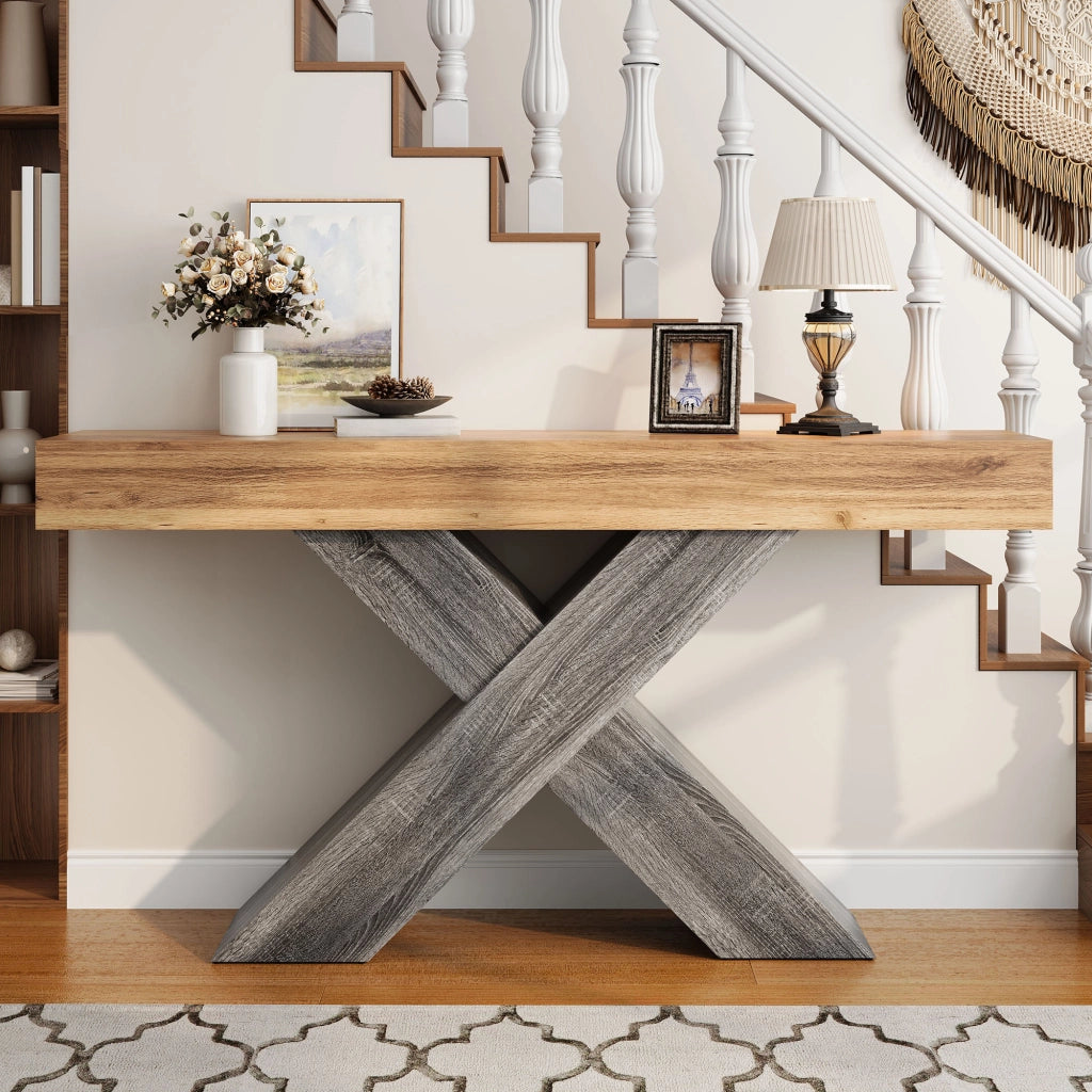 Consolle con struttura a X e piano aperto per ingresso in truciolare 140×30×80 cm naturale