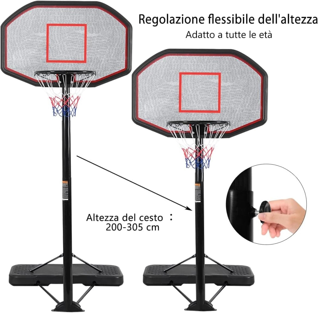 Canestro da Basket Regolabile in Altezza da 200 a 305 cm, Canestro da Basket da Esterno ed Interno Portatile con Base Riempibile e Ruote