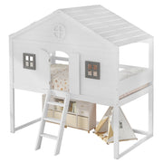 Letto a Soppalco 90x200 cm - con Scala; Sponde e Finestre - in Legno e MDF - Bianco