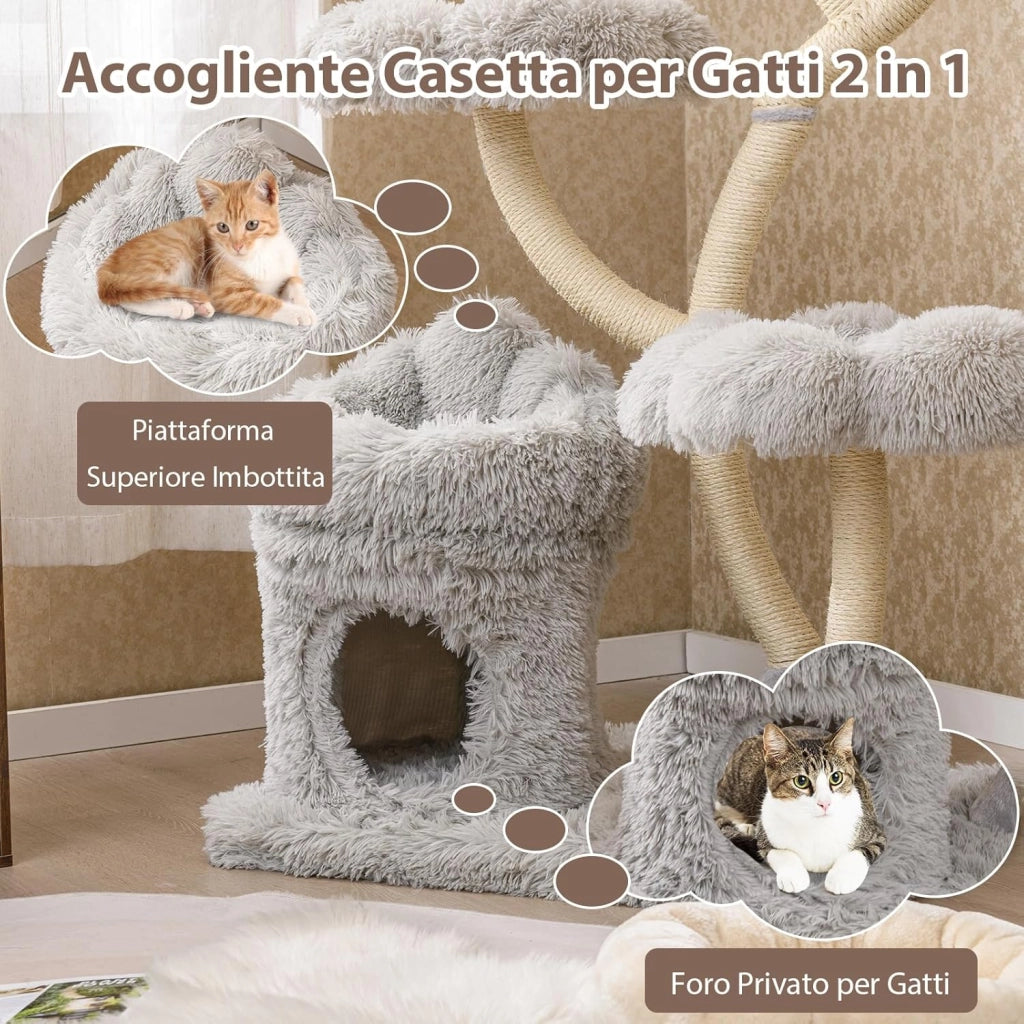 Tiragraffi per Gatti Alto 165cm,Alberi per Gatti con 4 Piattaforme, Tiragraffi in Sisal e Tubo di Supporto Robusto, Mobili per Animali da Interno (Grigio)